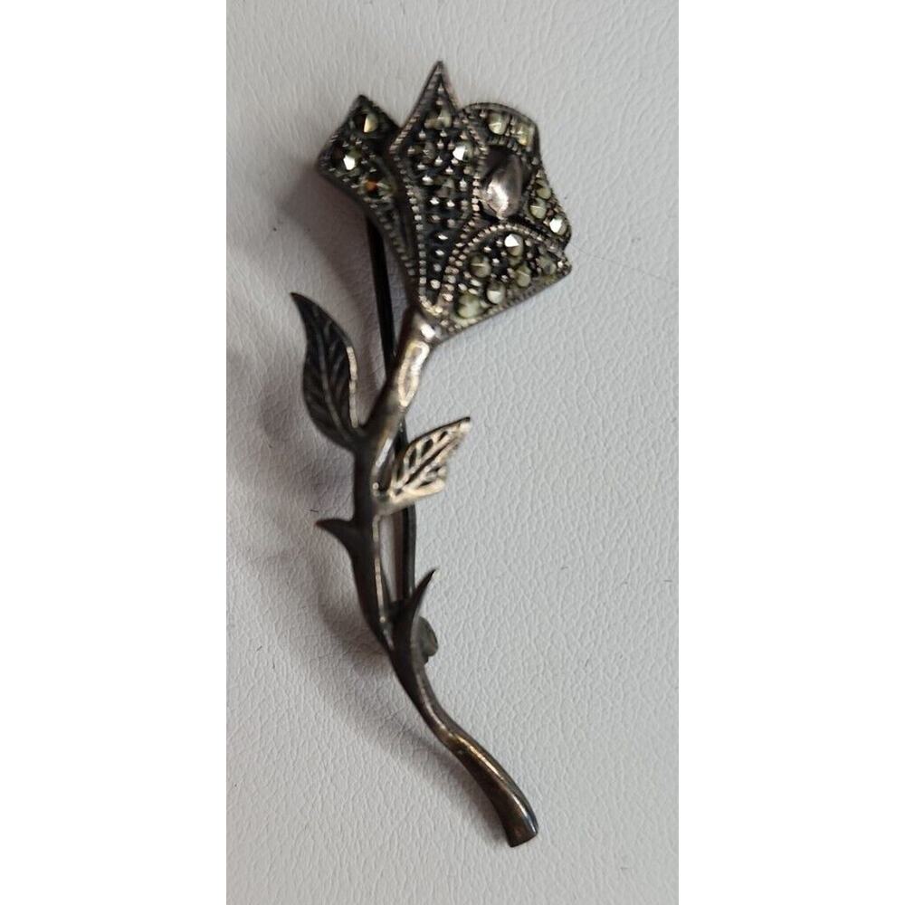 Vintage 925 Sterling Silver Long Stem Rose 2" Brooch Pb77